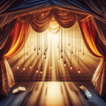 alt="Scène théâtrale vue depuis la scène, encadrée par des rideaux rouges et dorés, éclairée par des ampoules suspendues, avec un magnétophone et un livre au sol"