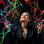 Personne souriante entourée de câbles XLR, HDMI, DMX et Jack colorés, illustrant la complexité du câblage audiovisuel professionnel