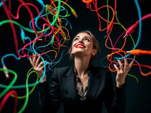 Personne souriante entourée de câbles XLR, HDMI, DMX et Jack colorés, illustrant la complexité du câblage audiovisuel professionnel