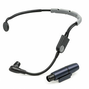 Micro-casque Shure professionnel avec perche flexible et bandeau ergonomique pour usage mains libres.