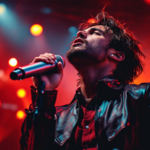 Chanteur en pleine performance live sous éclairage scénique, capté par micro HF professionnel.